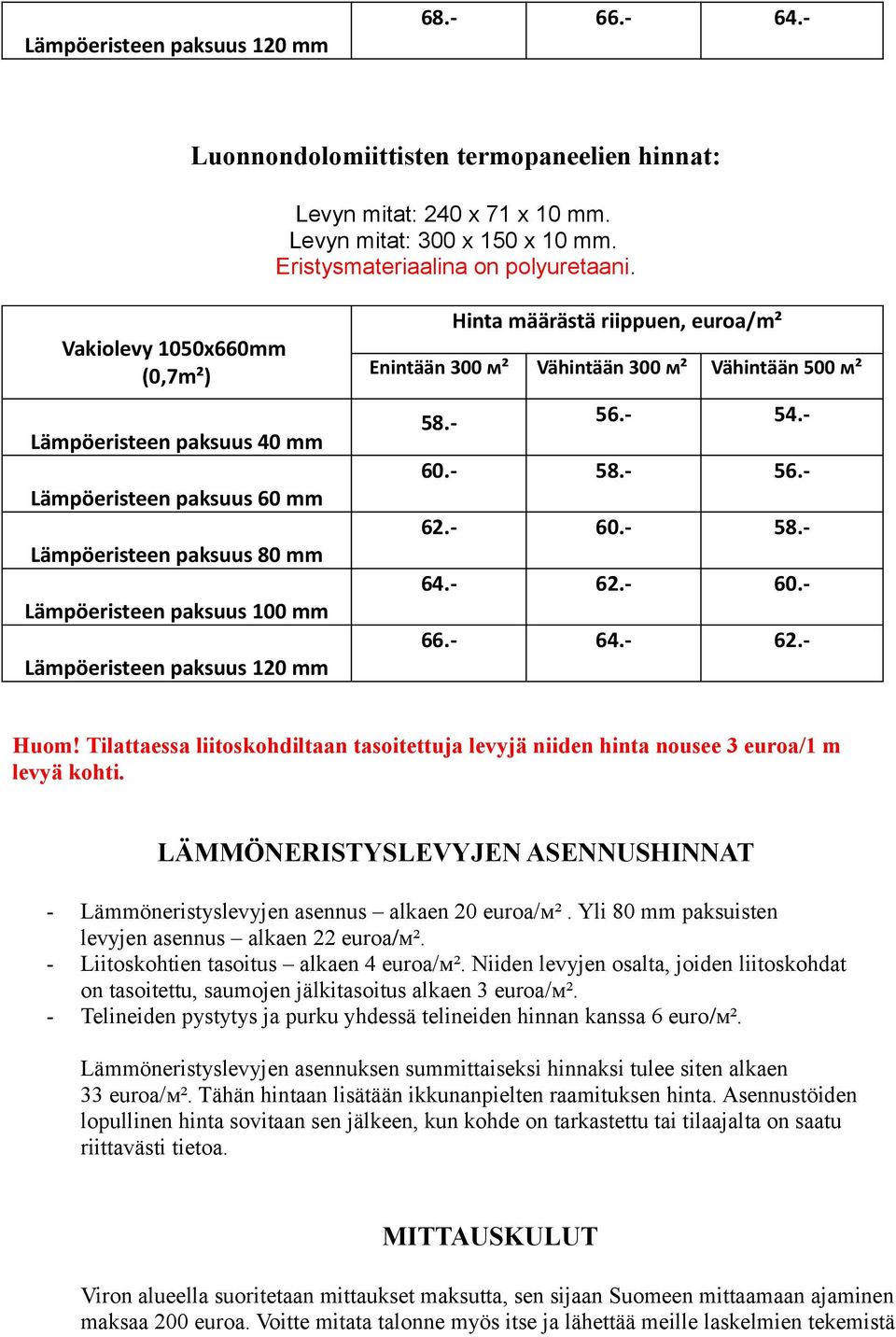 Yli 80 mm paksuisten levyjen asennus alkaen 22 euroa/м². - Liitoskohtien tasoitus alkaen 4 euroa/м². Niiden levyjen osalta, joiden liitoskohdat on tasoitettu, saumojen jälkitasoitus alkaen 3 euroa/м².