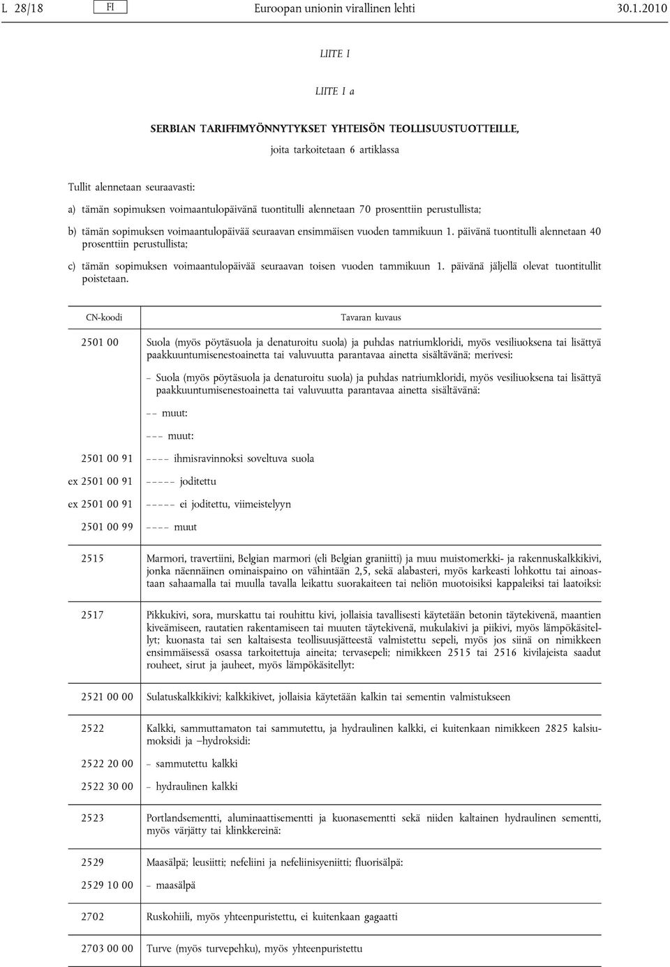 2010 LIITE I LIITE I a SERBIAN TARIFFIMYÖNNYTYKSET YHTEISÖN TEOLLISUUSTUOTTEILLE, joita tarkoitetaan 6 artiklassa Tullit alennetaan seuraavasti: a) tämän sopimuksen voimaantulopäivänä tuontitulli
