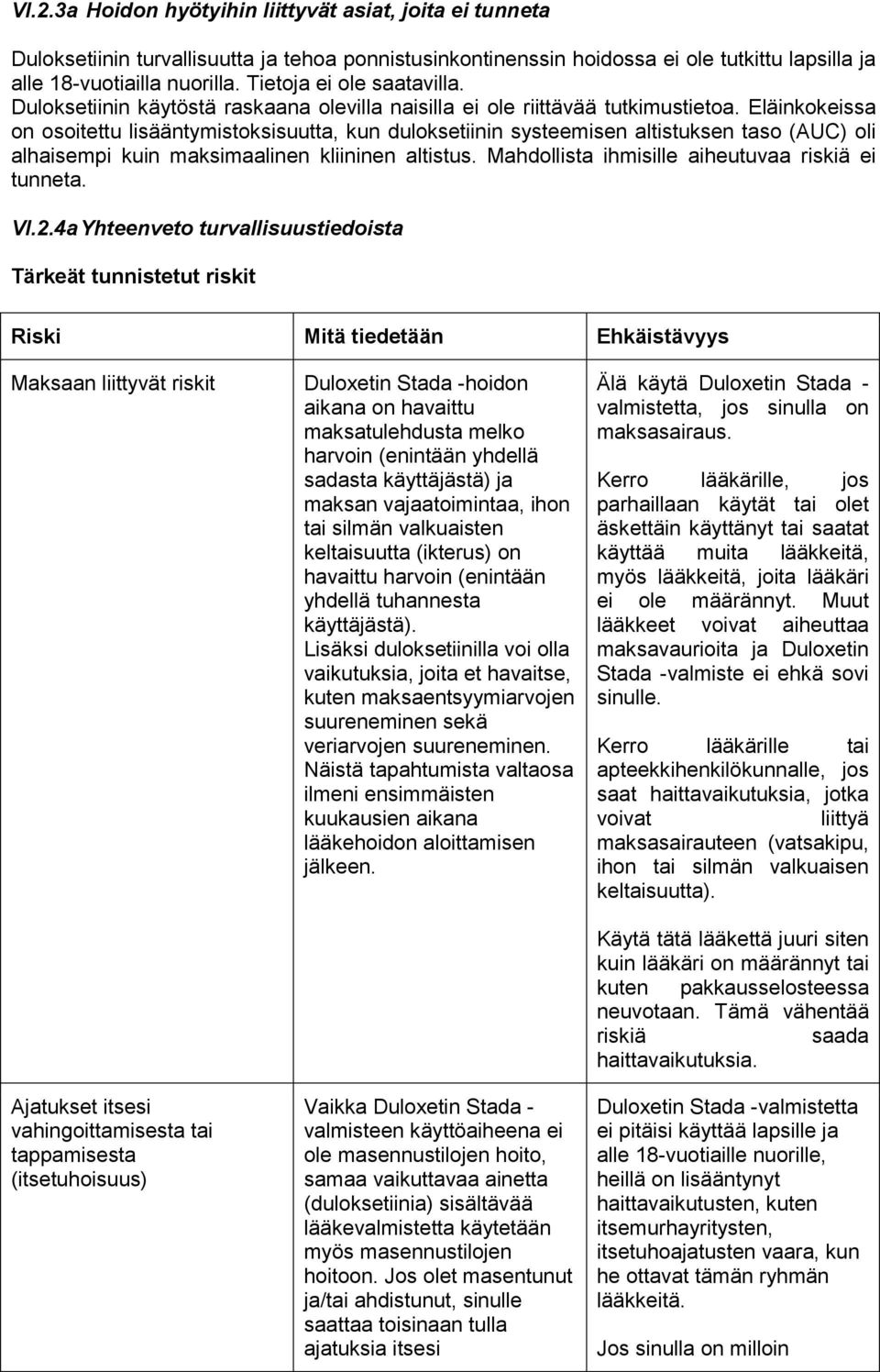 Eläinkokeissa on osoitettu lisääntymistoksisuutta, kun duloksetiinin systeemisen altistuksen taso (AUC) oli alhaisempi kuin maksimaalinen kliininen altistus.