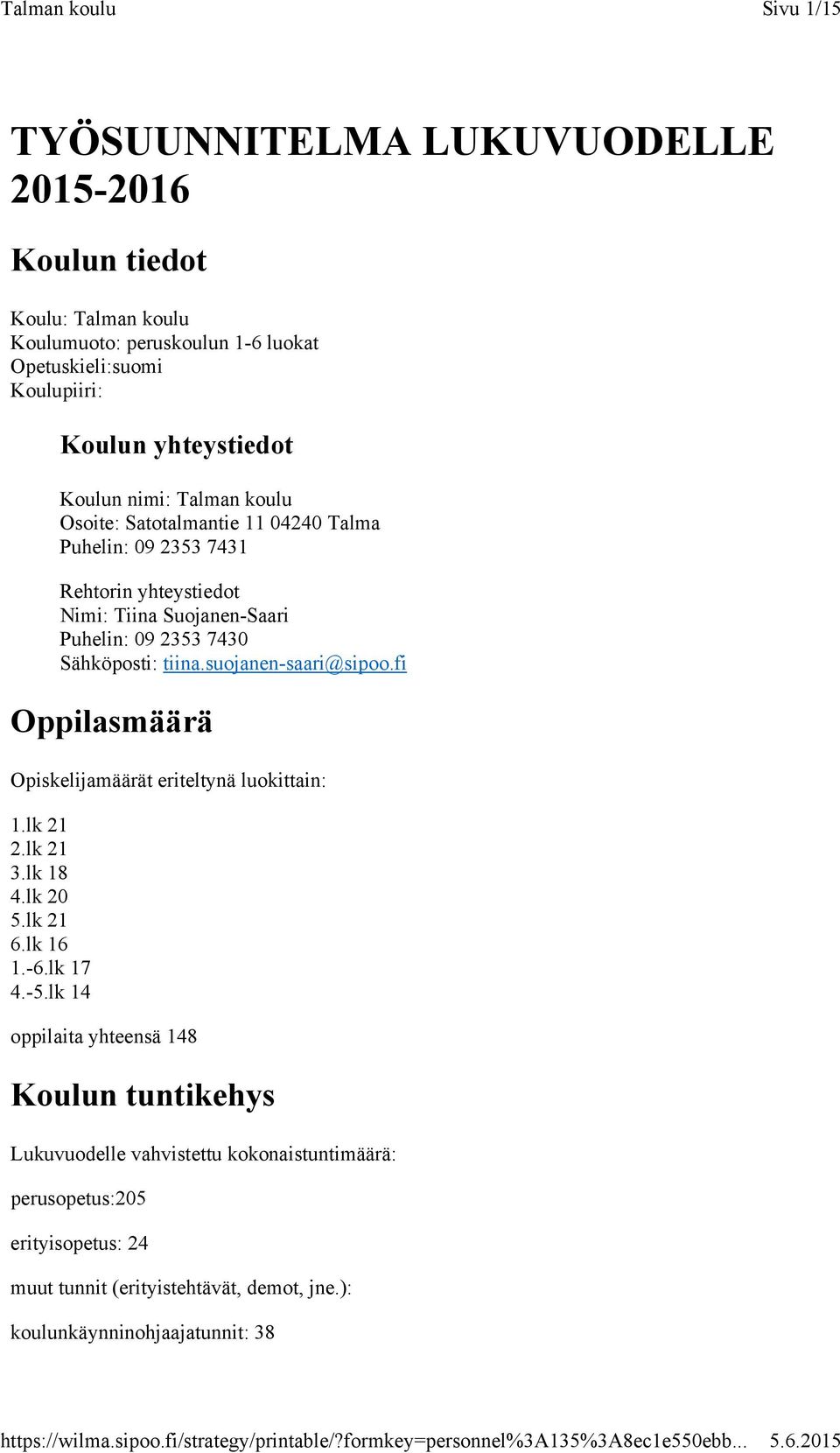 tiina.suojanen-saari@sipoo.fi Oppilasmäärä Opiskelijamäärät eriteltynä luokittain: 1.lk 21 2.lk 21 3.lk 18 4.lk 20 5.lk 21 6.lk 16 1.-6.lk 17 4.-5.