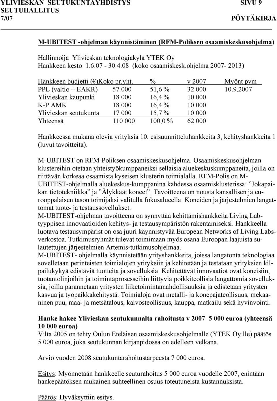 2007 Ylivieskan kaupunki 18 000 16,4 % 10 000 K-P AMK 18 000 16,4 % 10 000 Ylivieskan seutukunta 17 000 15,7 % 10 000 Yhteensä 110 000 100,0 % 62 000 Hankkeessa mukana olevia yrityksiä 10,