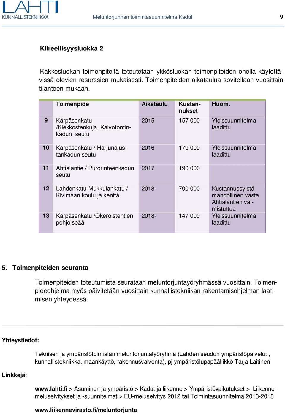 2015 157 000 Yleissuunnitelma laadittu 10 Kärpäsenkatu / Harjunalustankadun seutu 11 Ahtialantie / Purorinteenkadun seutu 12 Lahdenkatu-Mukkulankatu / Kivimaan koulu ja kenttä 13 Kärpäsenkatu