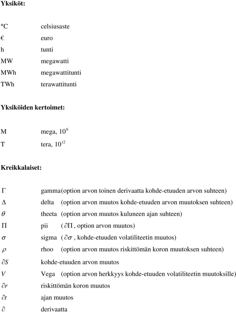 kuluneen ajan suhteen) Π pii ( Π, option arvon muutos) σ sigma ( σ, kohde-etuuden volatiliteetin muutos) ρ rhoo (option arvon muutos riskittömän koron