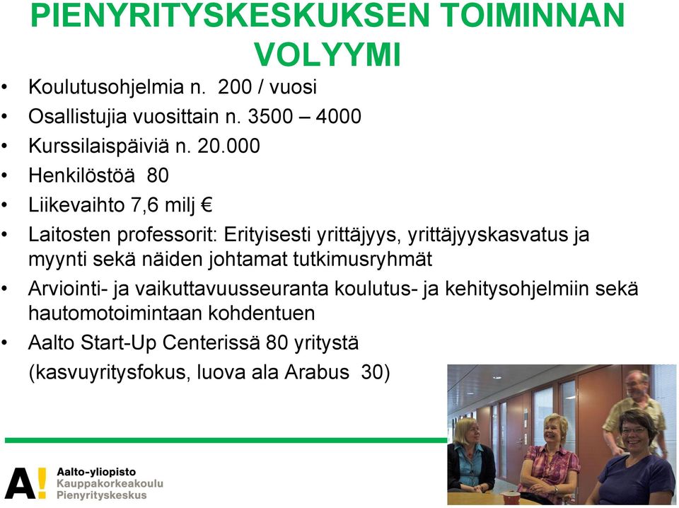 000 Henkilöstöä 80 Liikevaihto 7,6 milj Laitosten professorit: Erityisesti yrittäjyys, yrittäjyyskasvatus ja