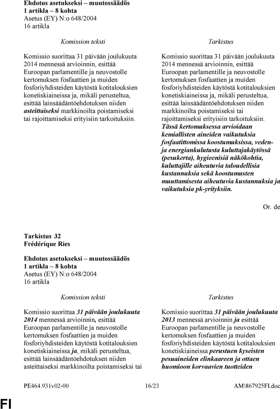 Komissio suorittaa 31 päivään joulukuuta 2014 mennessä arvioinnin, esittää Euroopan parlamentille ja neuvostolle kertomuksen fosfaattien ja muiden fosforiyhdisteiden käytöstä kotitalouksien