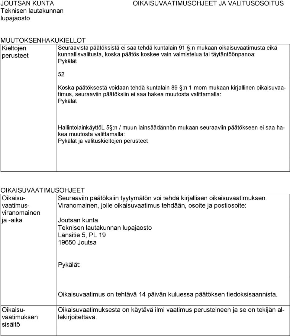 seuraaviin päätöksiin ei saa hakea muutosta valittamalla: Pykälät HallintolainkäyttöL 5 :n / muun lainsäädännön mukaan seuraaviin päätökseen ei saa hakea muutosta valittamalla: Pykälät ja