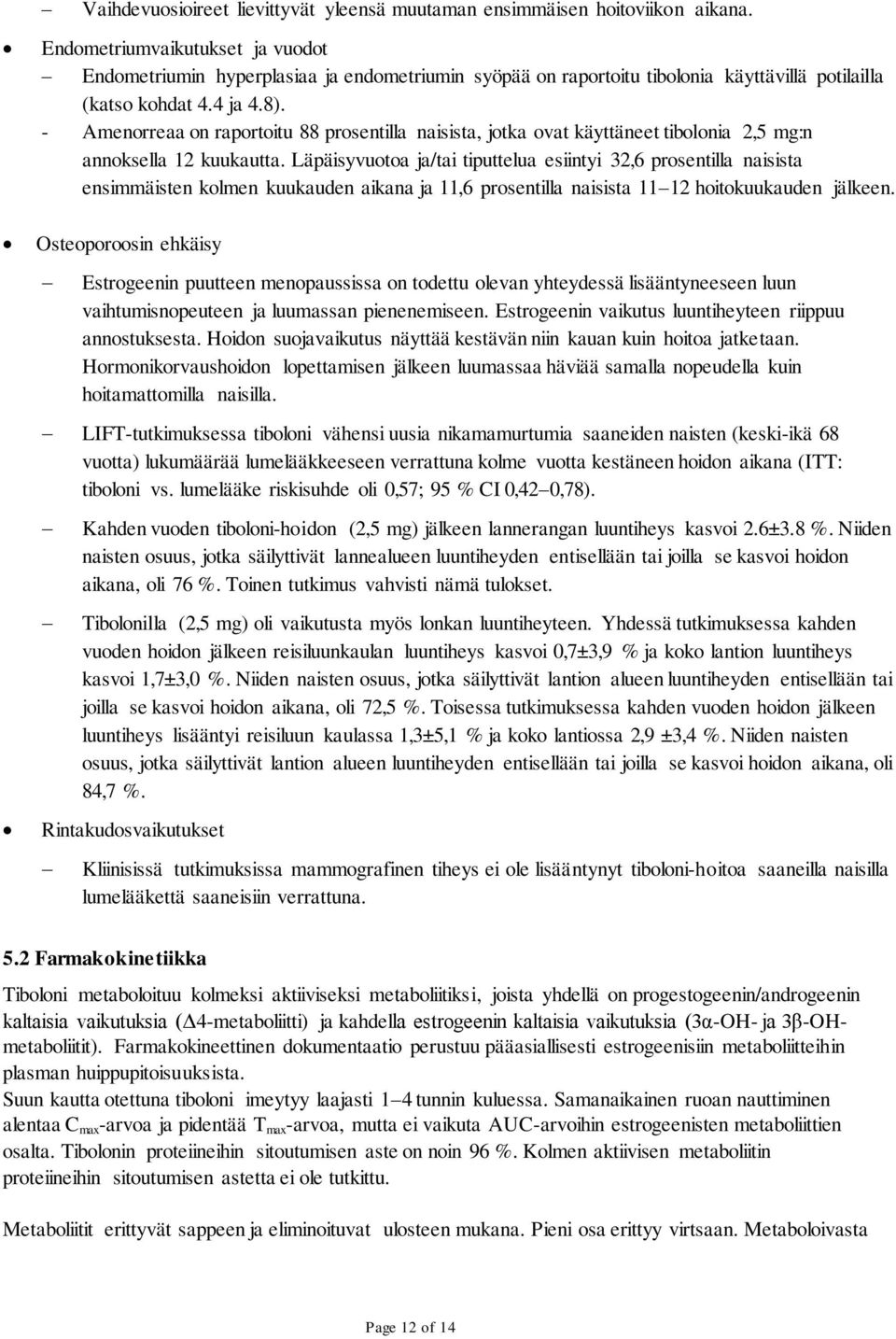 - Amenorreaa on raportoitu 88 prosentilla naisista, jotka ovat käyttäneet tibolonia 2,5 mg:n annoksella 12 kuukautta.