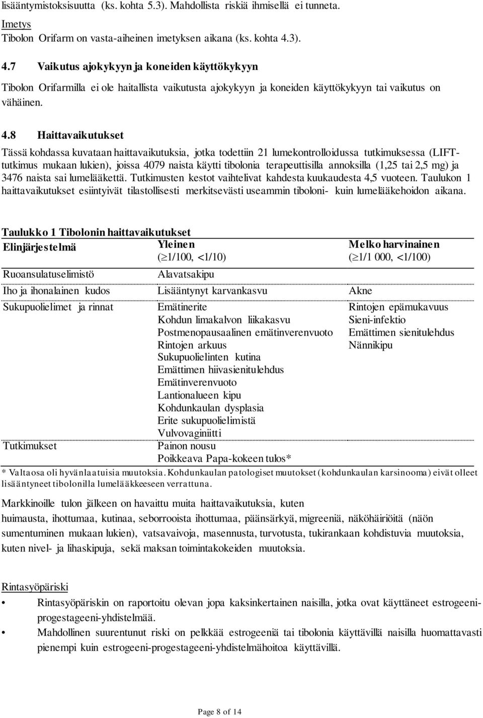 7 Vaikutus ajokykyyn ja koneiden käyttökykyyn Tibolon Orifarmilla ei ole haitallista vaikutusta ajokykyyn ja koneiden käyttökykyyn tai vaikutus on vähäinen. 4.