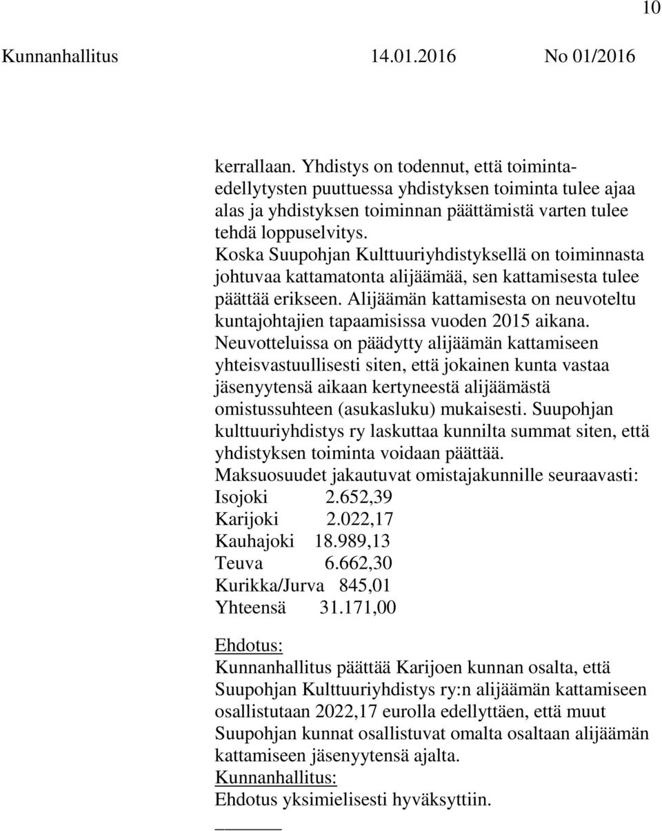 Alijäämän kattamisesta on neuvoteltu kuntajohtajien tapaamisissa vuoden 2015 aikana.