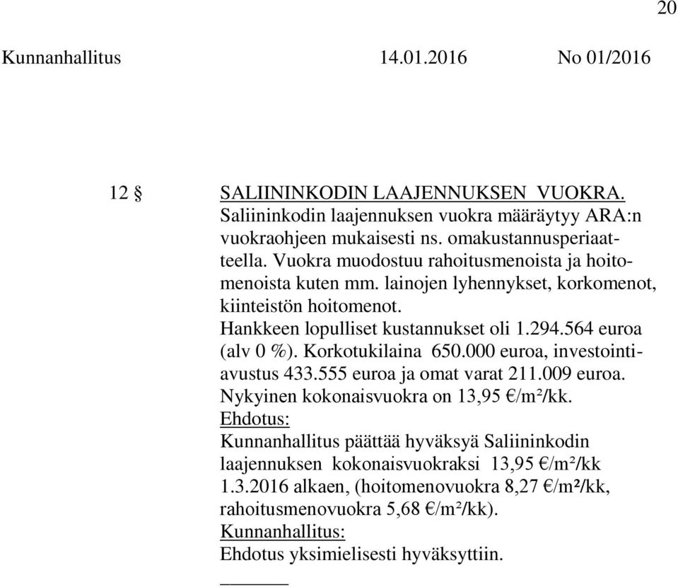 564 euroa (alv 0 %). Korkotukilaina 650.000 euroa, investointiavustus 433.555 euroa ja omat varat 211.009 euroa. Nykyinen kokonaisvuokra on 13,95 /m²/kk.