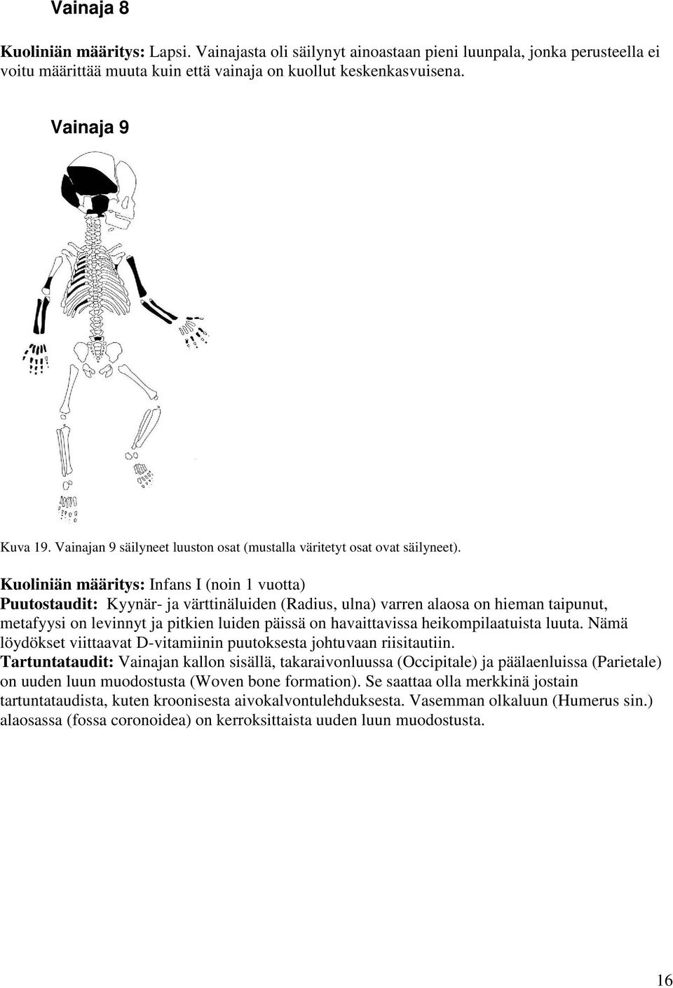 Kuoliniän määritys: Infans I (noin 1 vuotta) Puutostaudit: Kyynär- ja värttinäluiden (Radius, ulna) varren alaosa on hieman taipunut, metafyysi on levinnyt ja pitkien luiden päissä on havaittavissa