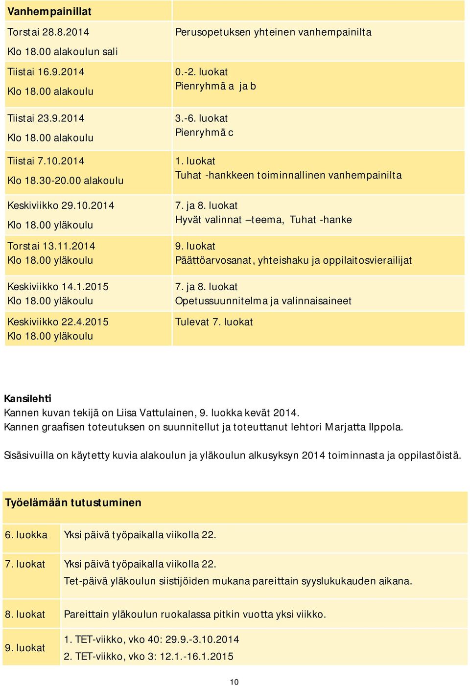 luokat Pienryhmä a ja b 3.-6. luokat Pienryhmä c 1. luokat Tuhat -hankkeen toiminnallinen vanhempainilta 7. ja 8. luokat Hyvät valinnat teema, Tuhat -hanke 9.