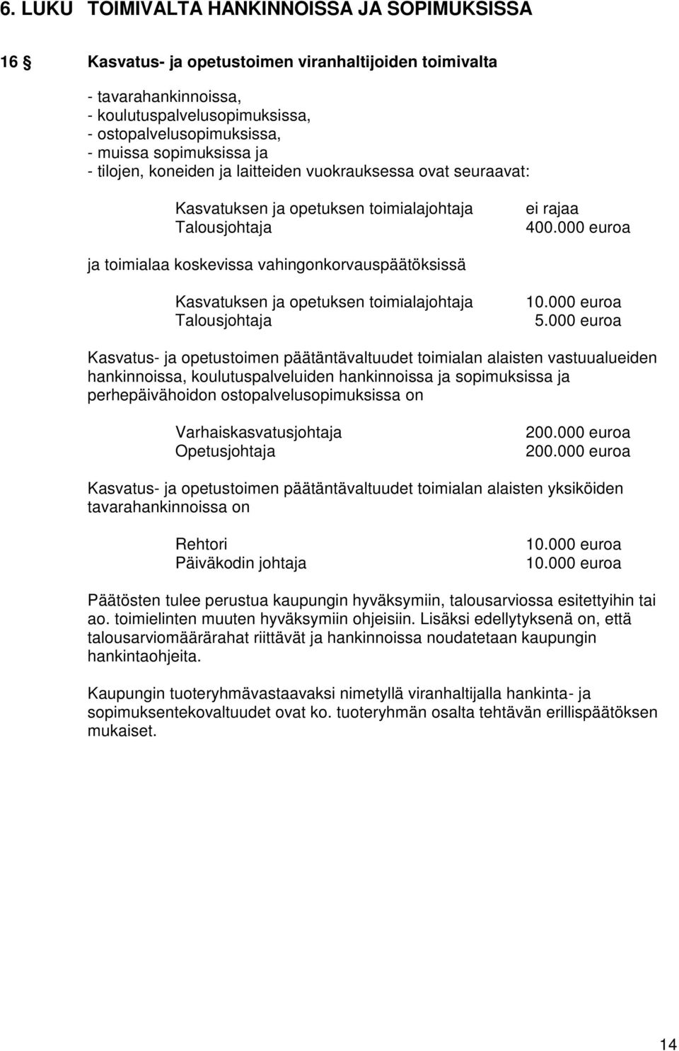 000 euroa ja toimialaa koskevissa vahingonkorvauspäätöksissä Kasvatuksen ja opetuksen toimialajohtaja Talousjohtaja 10.000 euroa 5.