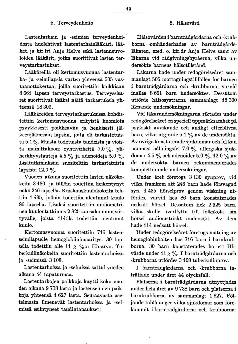 Lääkäreillä oli kertomusvuonna lastentarha- ja -seimilapsia v~rten yhteensä 505 vastaanottokertaa, joilla suoritettiin kaikkiaan 866 lapsen terveystarkastus.