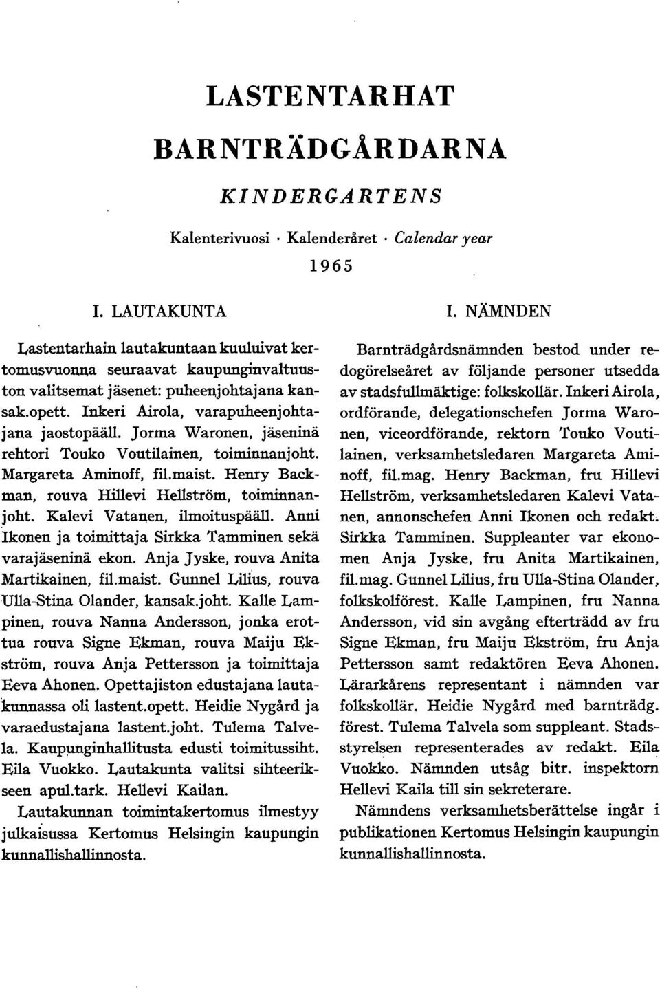 Jorma Waronen, jäseninä rehtori Touko Voutilainen, toiminnanjoht. Margareta Aminoff, fil.maist. Henry Backman, rouva Hillevi Hellström, toiminnanjohto Kalevi Vatanen, ilmoituspääll.