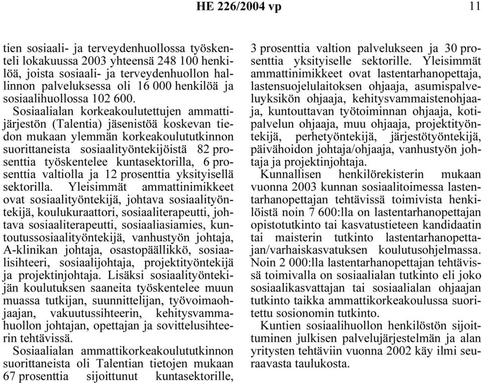 Sosiaalialan korkeakoulutettujen ammattijärjestön (Talentia) jäsenistöä koskevan tiedon mukaan ylemmän korkeakoulututkinnon suorittaneista sosiaalityöntekijöistä 82 prosenttia työskentelee