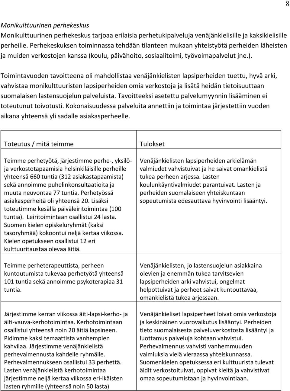 Toimintavuoden tavoitteena oli mahdollistaa venäjänkielisten lapsiperheiden tuettu, hyvä arki, vahvistaa monikulttuuristen lapsiperheiden omia verkostoja ja lisätä heidän tietoisuuttaan suomalaisen