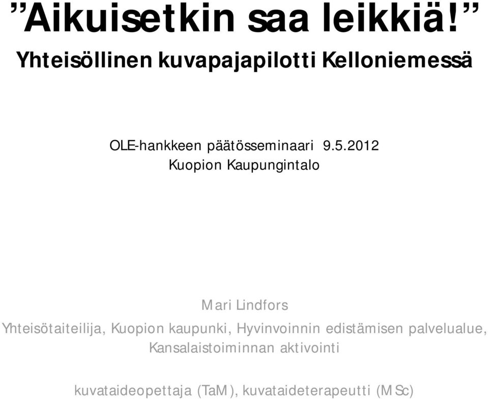 5.2012 Kuopion Kaupungintalo Mari Lindfors Yhteisötaiteilija, Kuopion