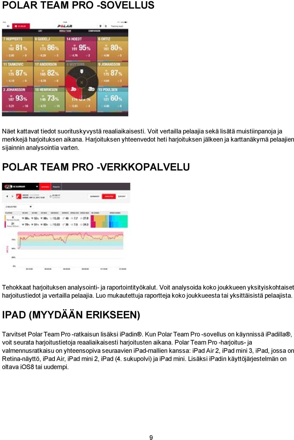 Voit analysoida koko joukkueen yksityiskohtaiset harjoitustiedot ja vertailla pelaajia. Luo mukautettuja raportteja koko joukkueesta tai yksittäisistä pelaajista.