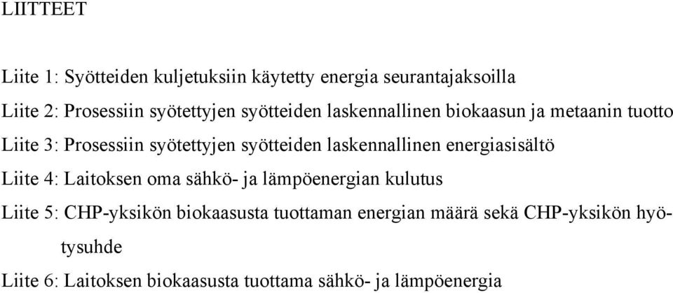 laskennallinen energiasisältö Liite 4: Laitoksen oma sähkö- ja lämpöenergian kulutus Liite 5: CHP-yksikön