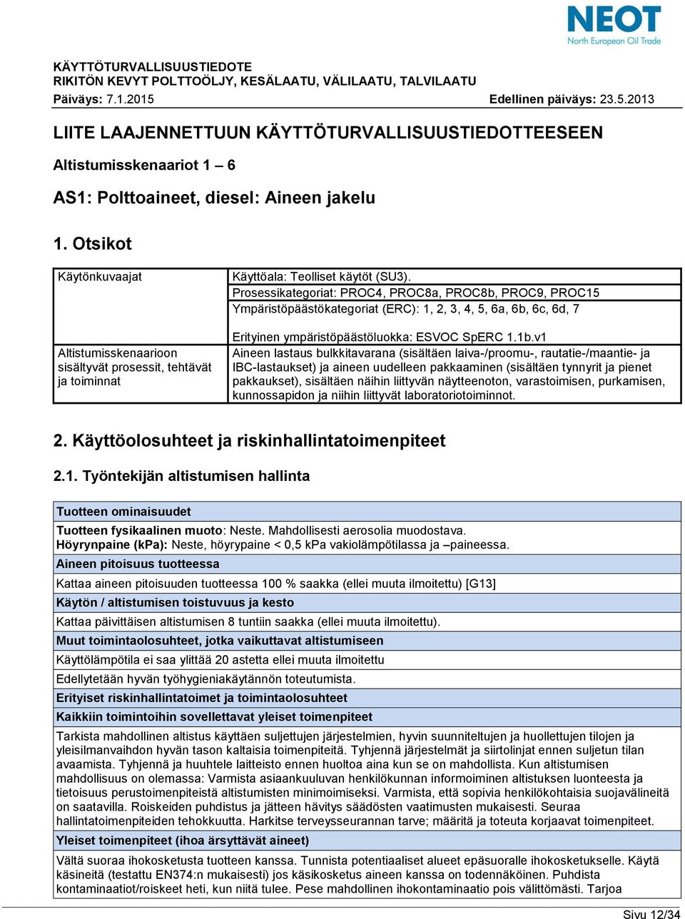 Prosessikategoriat: PROC4, PROC8a, PROC8b, PROC9, PROC15 Ympäristöpäästökategoriat (ERC): 1, 2, 3, 4, 5, 6a, 6b, 6c, 6d, 7 Erityinen ympäristöpäästöluokka: ESVOC SpERC 1.1b.