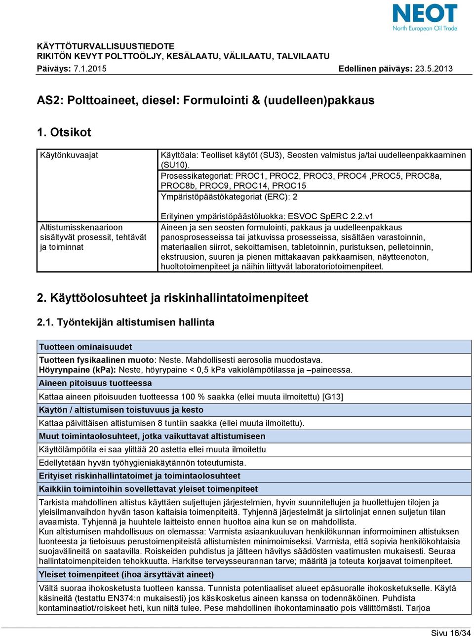 Prosessikategoriat: PROC1, PROC2,