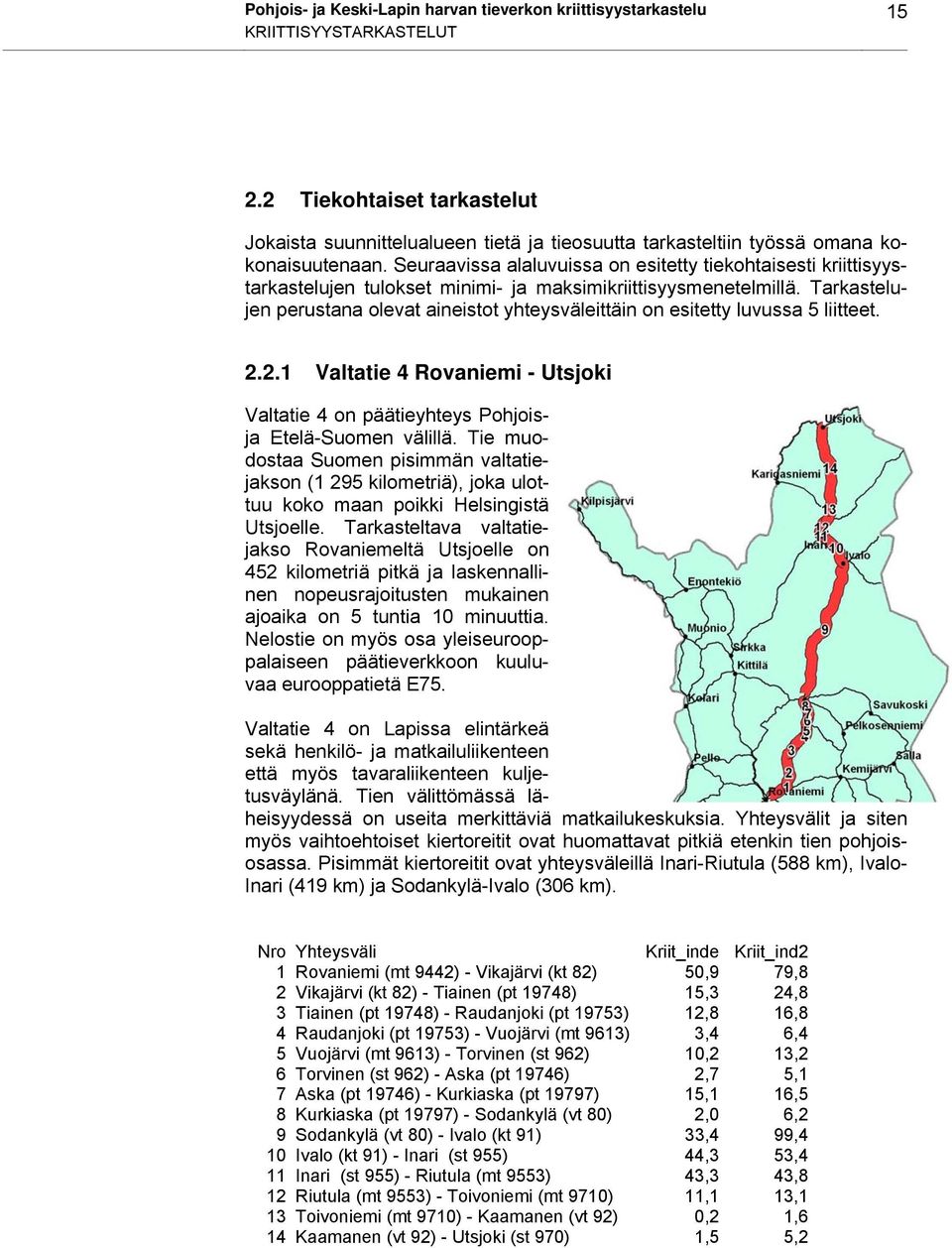 Seuraavissa alaluvuissa on esitetty tiekohtaisesti kriittisyystarkastelujen tulokset minimi- ja maksimikriittisyysmenetelmillä.