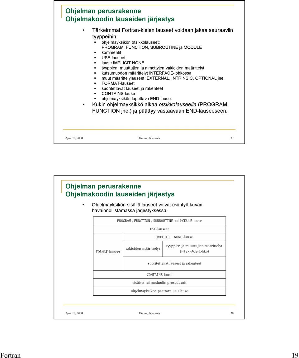 FORMAT-lauseet suoritettavat lauseet ja rakenteet CONTAINS-lause ohjelmayksikön lopettava END-lause. Kukin ohjelmayksikkö alkaa otsikkolauseella (PROGRAM, FUNCTION jne.