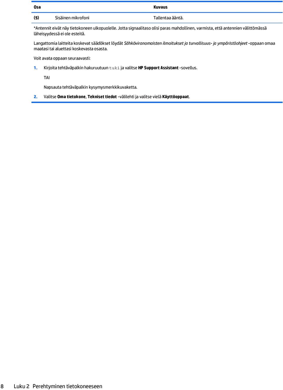 Langattomia laitteita koskevat säädökset löydät Sähköviranomaisten ilmoitukset ja turvallisuus- ja ympäristöohjeet -oppaan omaa maatasi tai aluettasi koskevasta