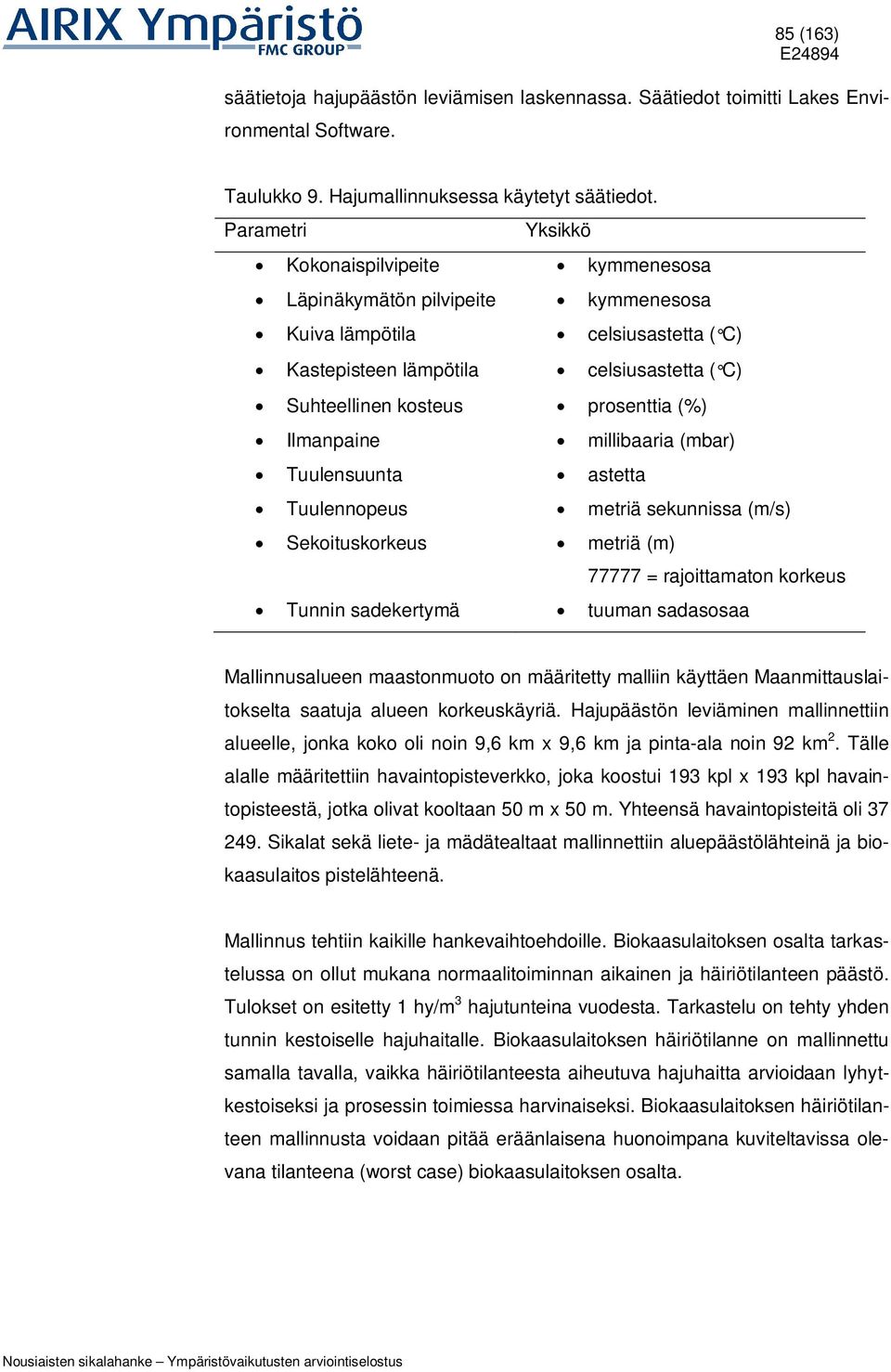 (%) Ilmanpaine millibaaria (mbar) Tuulensuunta astetta Tuulennopeus metriä sekunnissa (m/s) Sekoituskorkeus metriä (m) 77777 = rajoittamaton korkeus Tunnin sadekertymä tuuman sadasosaa