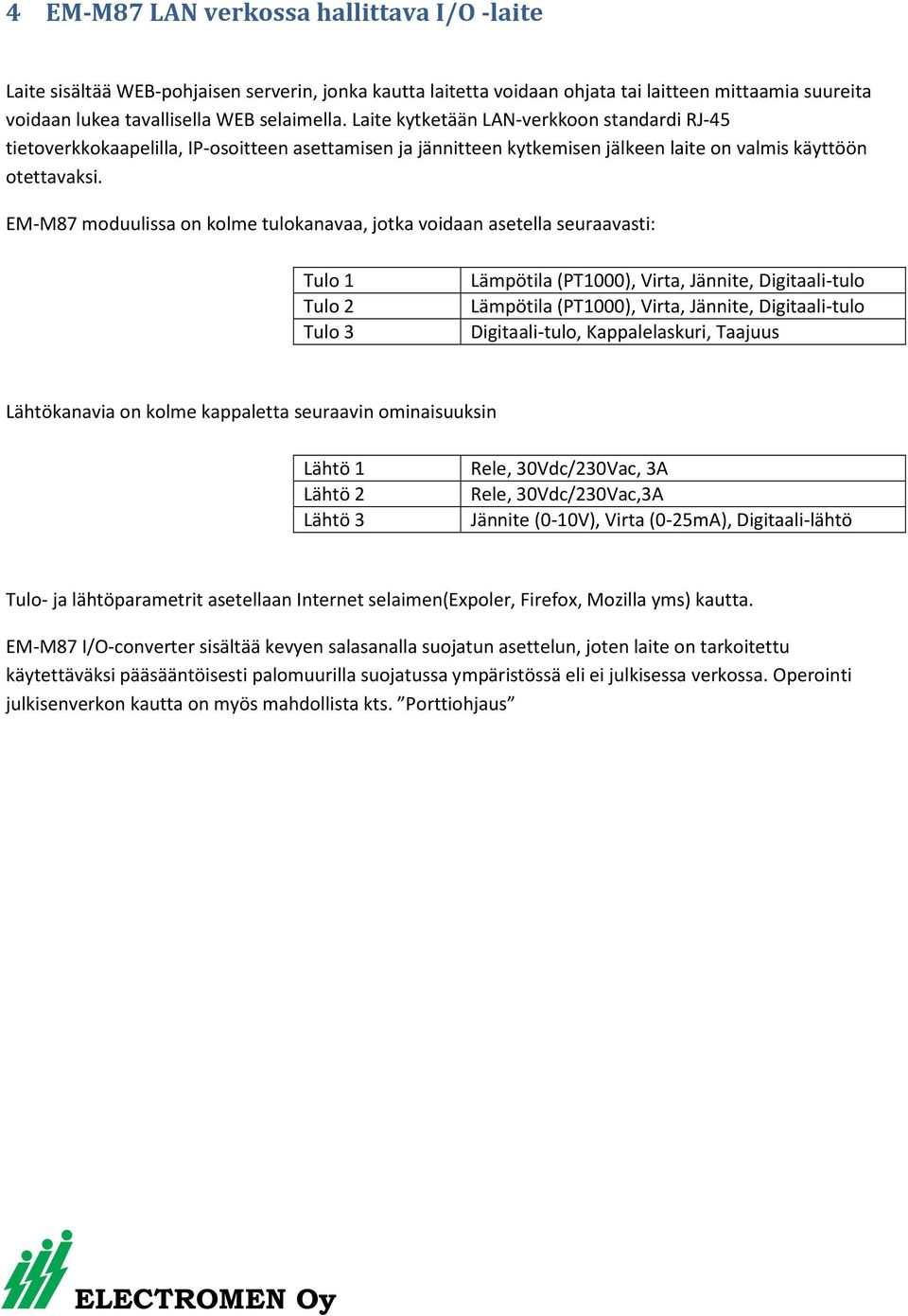 EM-M87 moduulissa on kolme tulokanavaa, jotka voidaan asetella seuraavasti: Tulo 1 Tulo 2 Tulo 3 Lämpötila (PT1000), Virta, Jännite, Digitaali-tulo Lämpötila (PT1000), Virta, Jännite, Digitaali-tulo