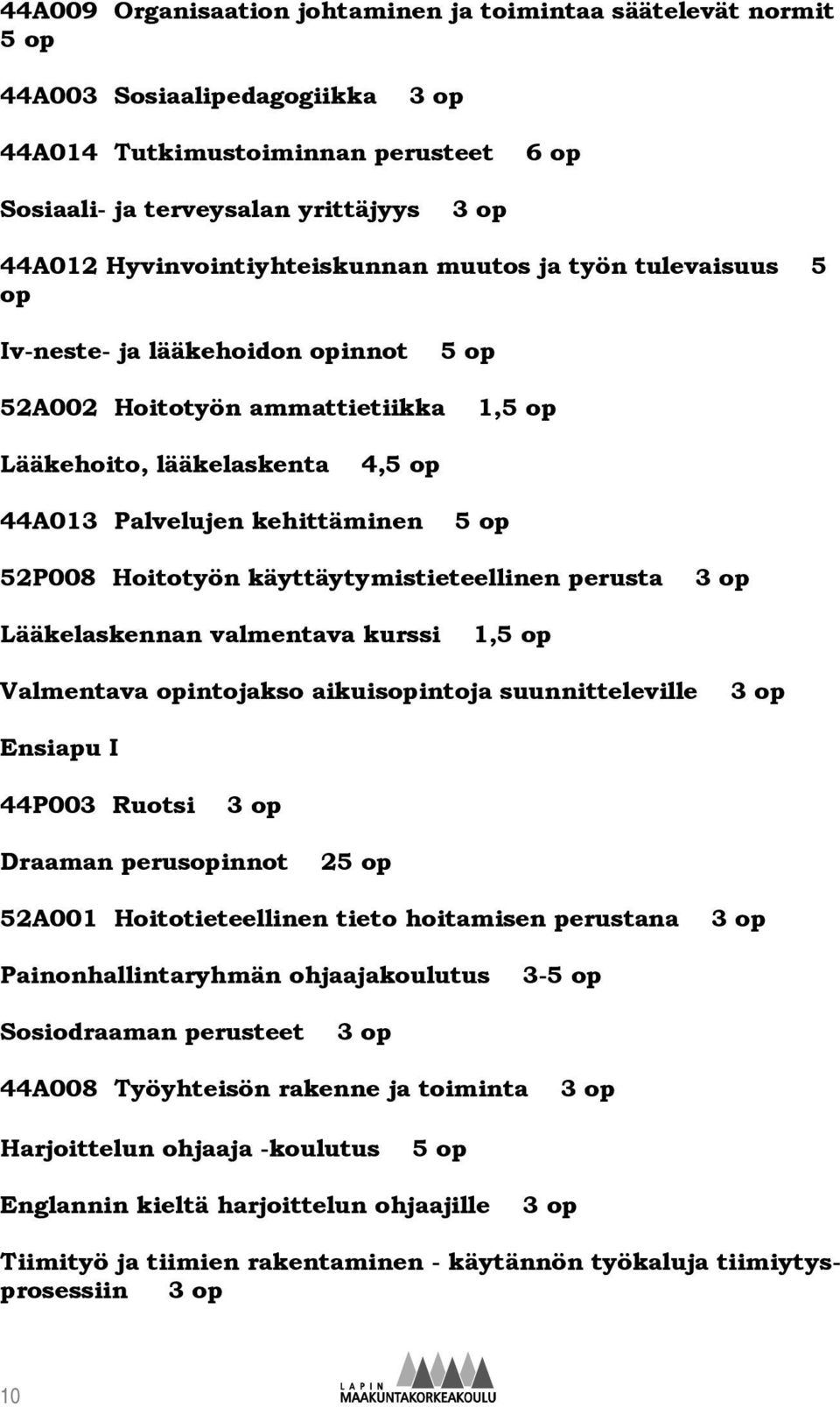 op 52P008 Hoitotyön käyttäytymistieteellinen perusta 3 op Lääkelaskennan valmentava kurssi 1,5 op Valmentava opintojakso aikuisopintoja suunnitteleville 3 op Ensiapu I 44P003 Ruotsi 3 op Draaman