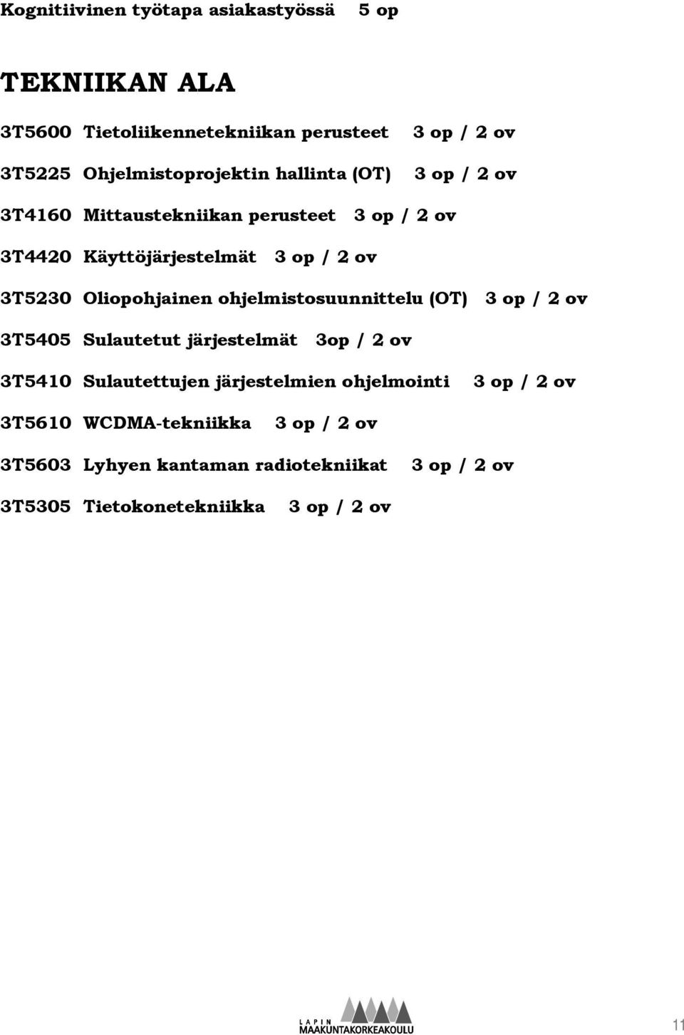 3T5230 Oliopohjainen ohjelmistosuunnittelu (OT) 3 op / 2 ov 3T5405 Sulautetut järjestelmät 3op / 2 ov 3T5410 Sulautettujen