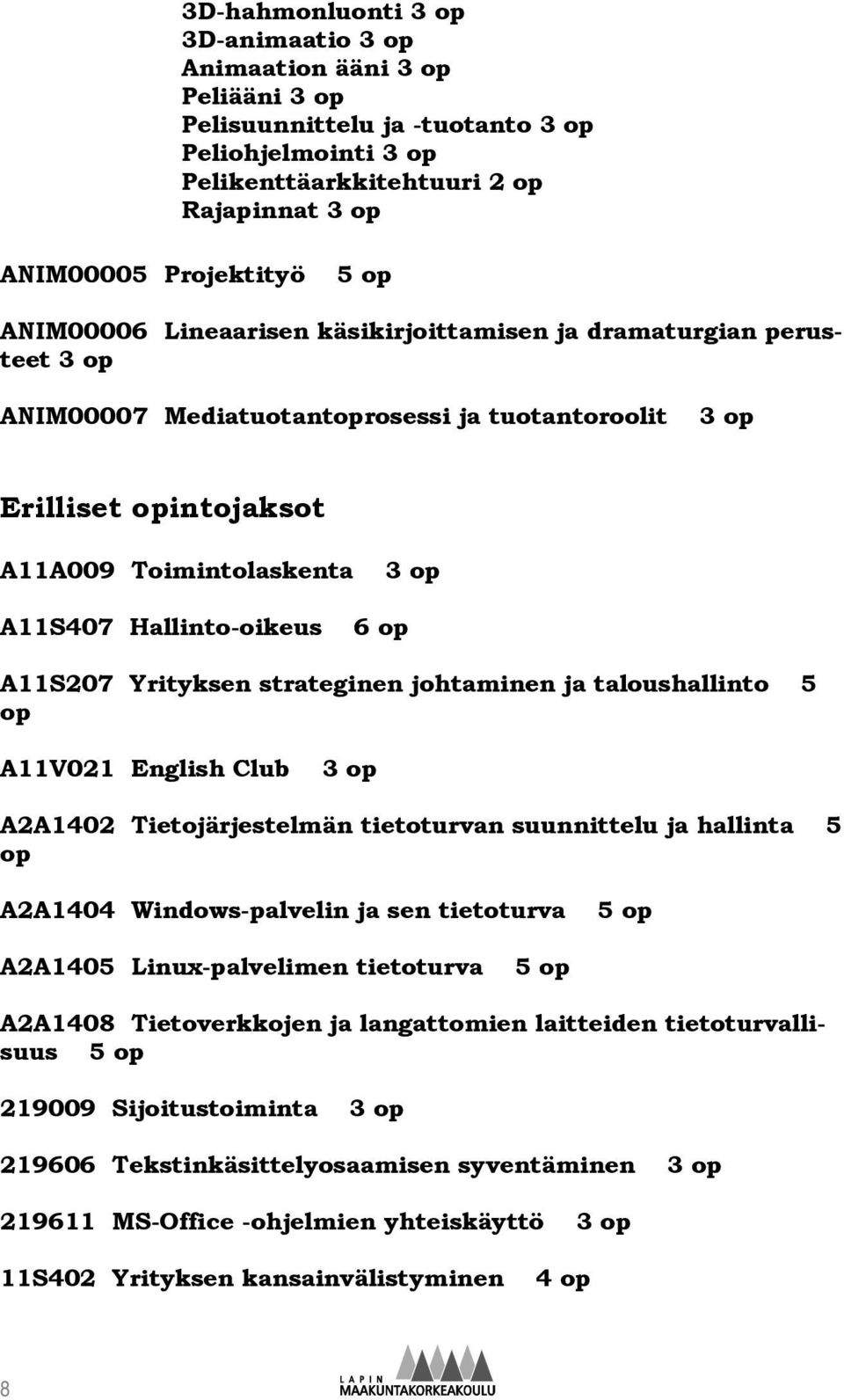 Hallinto-oikeus 6 op A11S207 Yrityksen strateginen johtaminen ja taloushallinto 5 op A11V021 English Club 3 op A2A1402 Tietojärjestelmän tietoturvan suunnittelu ja hallinta 5 op A2A1404