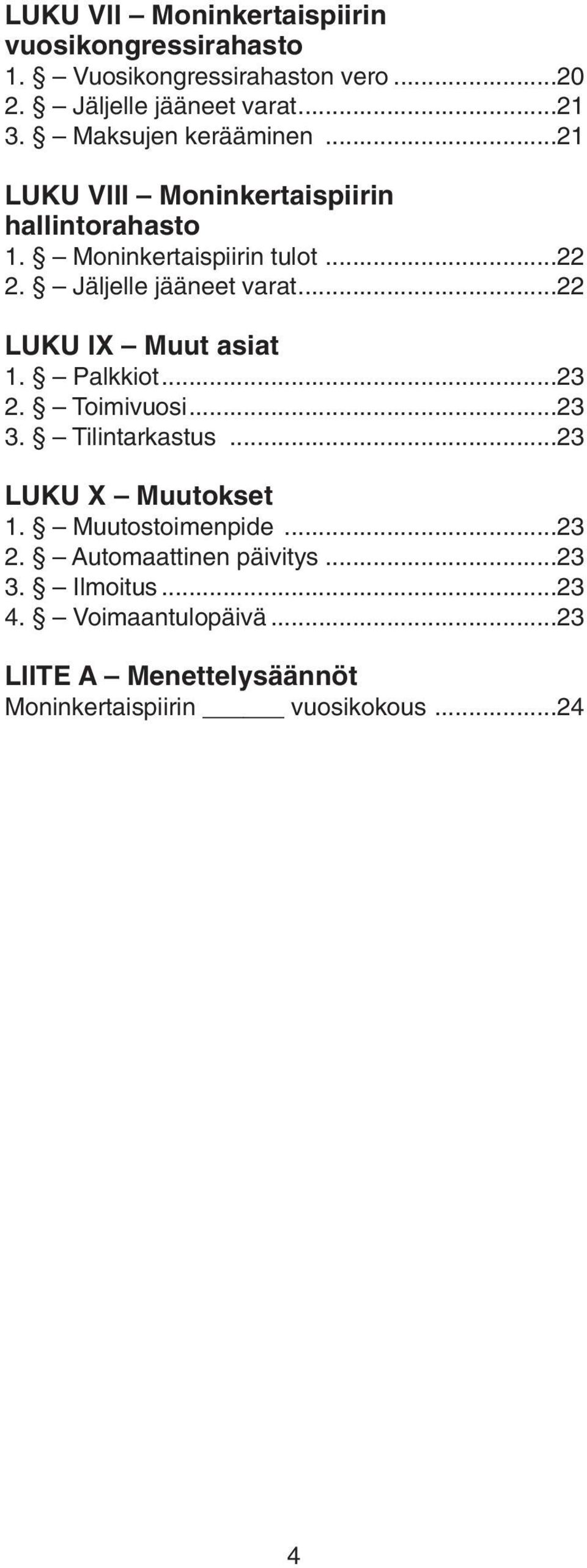 Jäljelle jääneet varat...22 LUKU IX Muut asiat 1. Palkkiot...23 2. Toimivuosi...23 3. Tilintarkastus...23 LUKU X Muutokset 1.