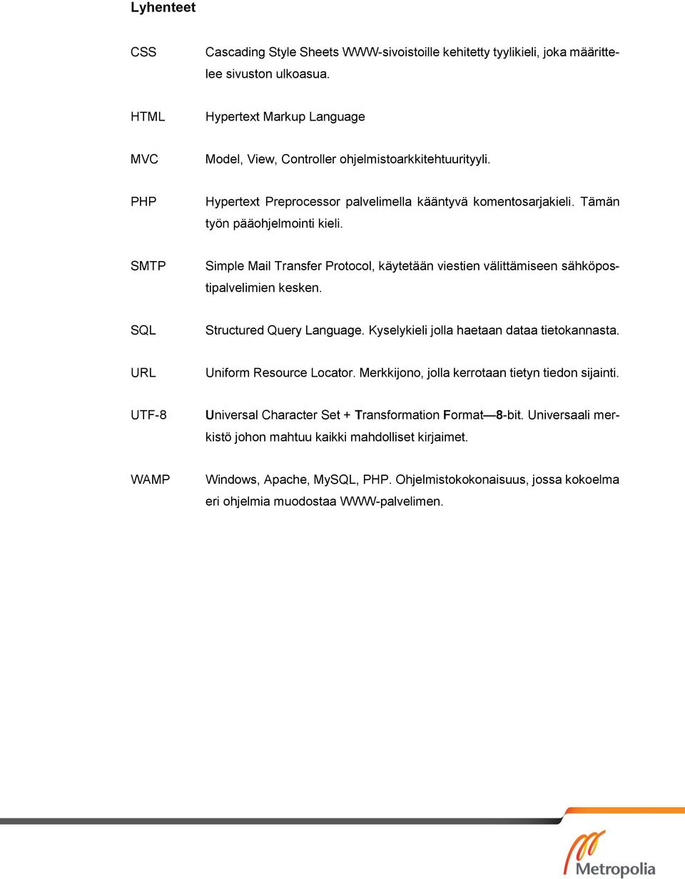 SMTP Simple Mail Transfer Protocol, käytetään viestien välittämiseen sähköpostipalvelimien kesken. SQL Structured Query Language. Kyselykieli jolla haetaan dataa tietokannasta.