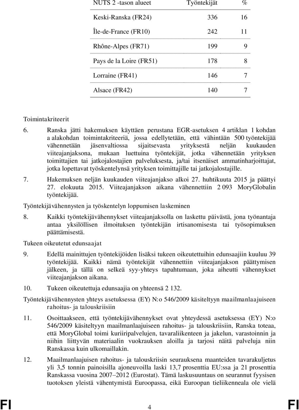 Ranska jätti hakemuksen käyttäen perustana EGR-asetuksen 4 artiklan 1 kohdan a alakohdan toimintakriteeriä, jossa edellytetään, että vähintään 500 työntekijää vähennetään jäsenvaltiossa sijaitsevasta