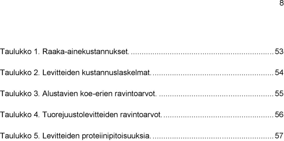 Alustavien koe-erien ravintoarvot.... 55 Taulukko 4.