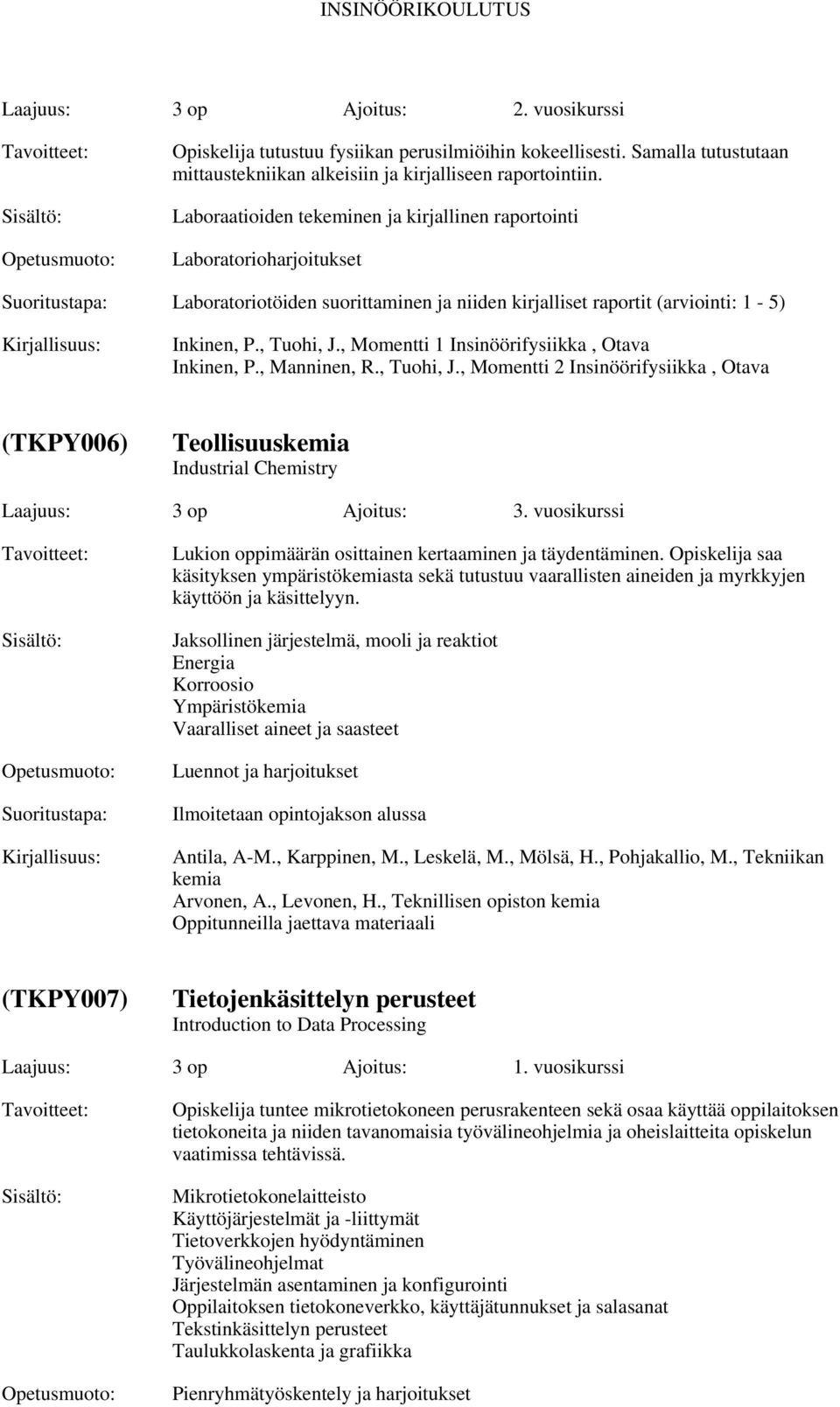 , Momentti 1 Insinöörifysiikka, Otava Inkinen, P., Manninen, R., Tuohi, J., Momentti 2 Insinöörifysiikka, Otava (TKPY006) Teollisuuskemia Industrial Chemistry Laajuus: 3 op Ajoitus: 3.