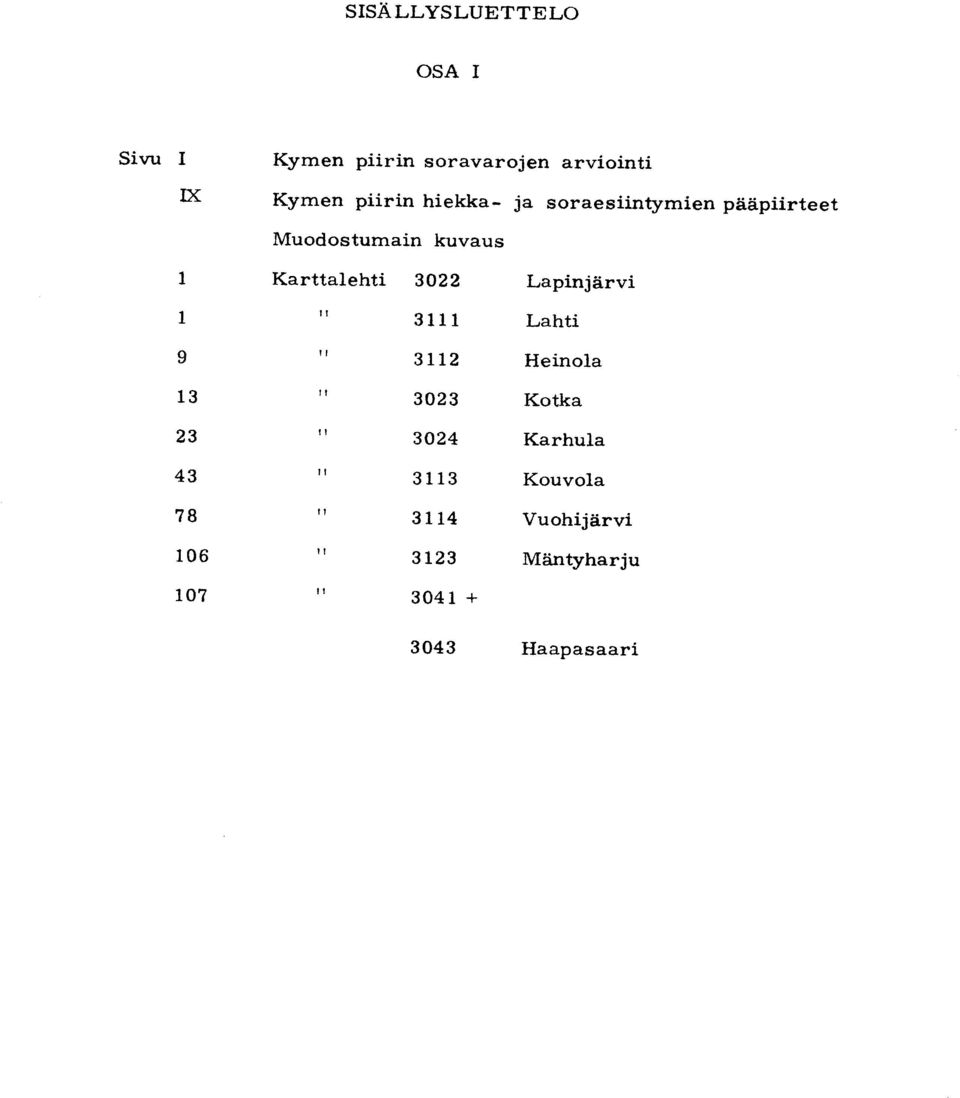 Karttalehti 3022 Lapinjärvi 1 3111 Lahti 9 3112 Heinol a 13 3023 Kotka 23 3024