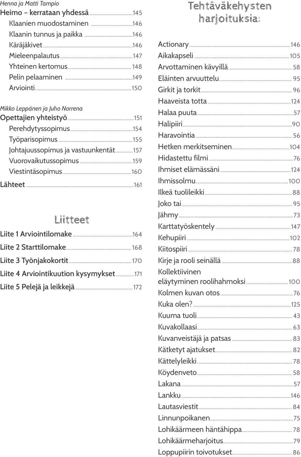 ..159 Viestintäsopimus...160 Lähteet...161 Tehtäväkehysten harjoituksia: Actionary...146 Aikakapseli...105 Arvottaminen kävyillä... 58 Eläinten arvuuttelu... 95 Girkit ja torkit... 96 Haaveista totta.