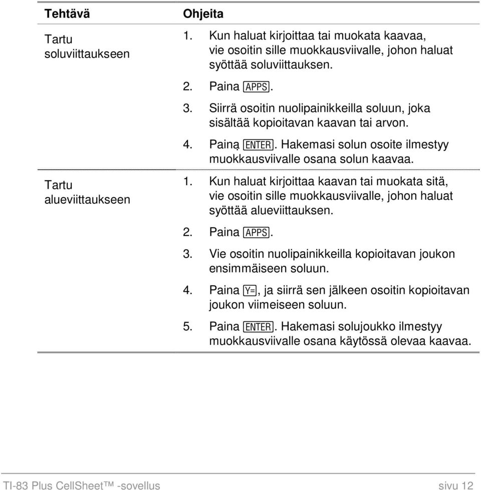Kun haluat kirjoittaa kaavan tai muokata sitä, vie osoitin sille muokkausviivalle, johon haluat syöttää alueviittauksen. 2. Paina n. 3.