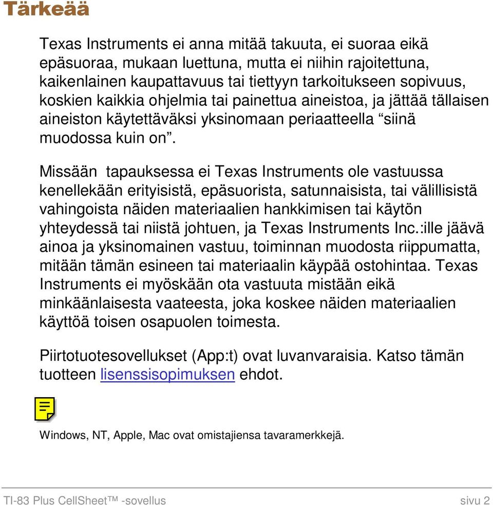 Missään tapauksessa ei Texas Instruments ole vastuussa kenellekään erityisistä, epäsuorista, satunnaisista, tai välillisistä vahingoista näiden materiaalien hankkimisen tai käytön yhteydessä tai