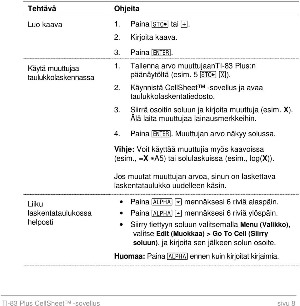 , =X ha5) tai solulaskuissa (esim., log(x)). Jos muutat muuttujan arvoa, sinun on laskettava laskentataulukko uudelleen käsin. Liiku laskentataulukossa helposti Paina e h mennäksesi 6 riviä alaspäin.