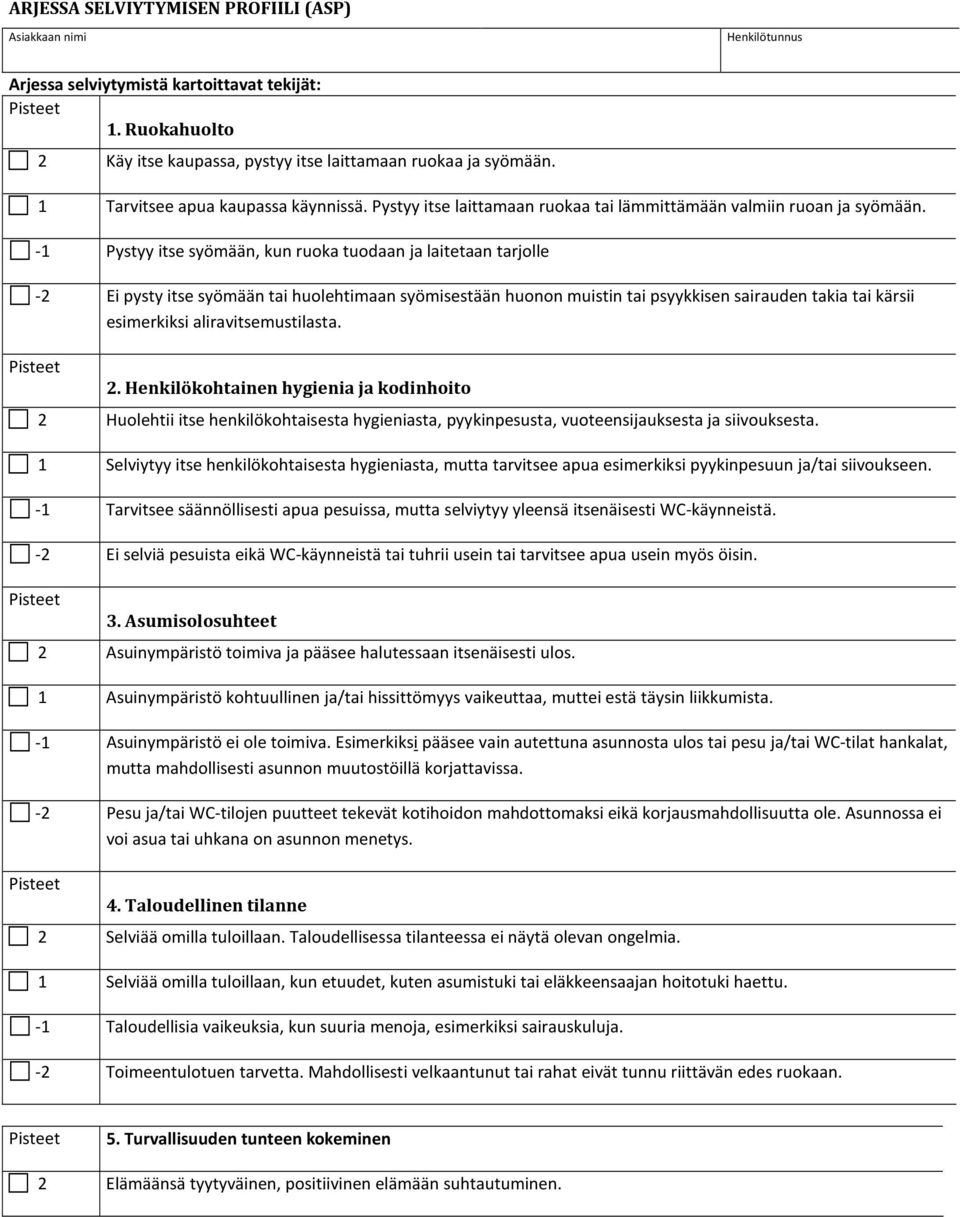 -1 Pystyy itse syömään, kun ruoka tuodaan ja laitetaan tarjolle -2 Ei pysty itse syömään tai huolehtimaan syömisestään huonon muistin tai psyykkisen sairauden takia tai kärsii esimerkiksi