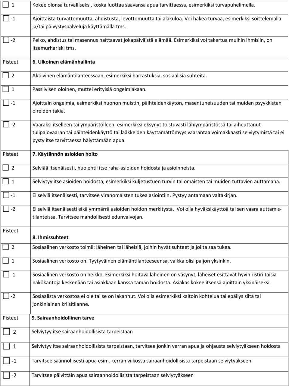 Esimerkiksi voi takertua muihin ihmisiin, on itsemurhariski tms. 6. Ulkoinen elämänhallinta 2 Aktiivinen elämäntilanteessaan, esimerkiksi harrastuksia, sosiaalisia suhteita.