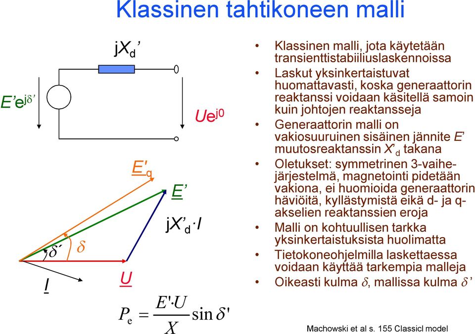 akana Oleukse: symmerinen 3-vaihejärjeselmä, magneoini pieään vakiona, ei huomioia generaaorin häviöiä, kylläsymisä eikä - ja q- akselien reakanssien eroja Malli