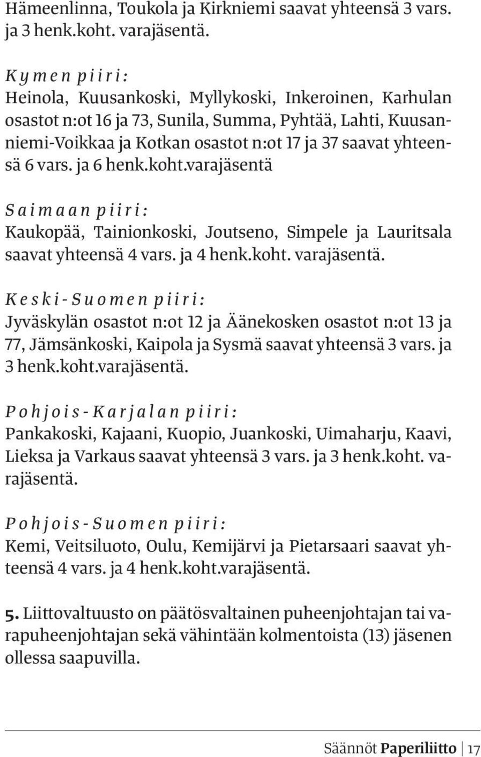 vars. ja 6 henk.koht.varajäsentä S a i m a a n p i i r i : Kaukopää, Tainionkoski, Joutseno, Simpele ja Lauritsala saavat yhteensä 4 vars. ja 4 henk.koht. varajäsentä.