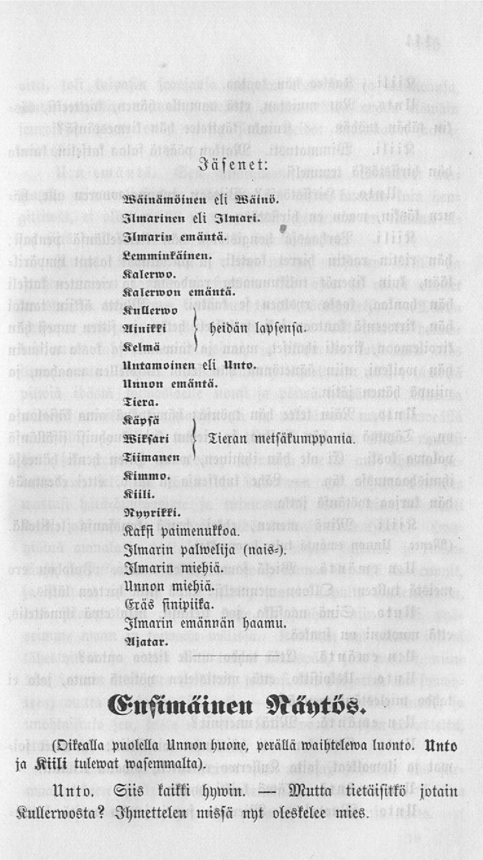 Ilmniin pallmlijn (nais-). Ilmniin miehiä, Unnon miehiä. Eräs sinipiika. Ilmniin emännän haamu. Ajatar. Gnftmäinen Näytös.