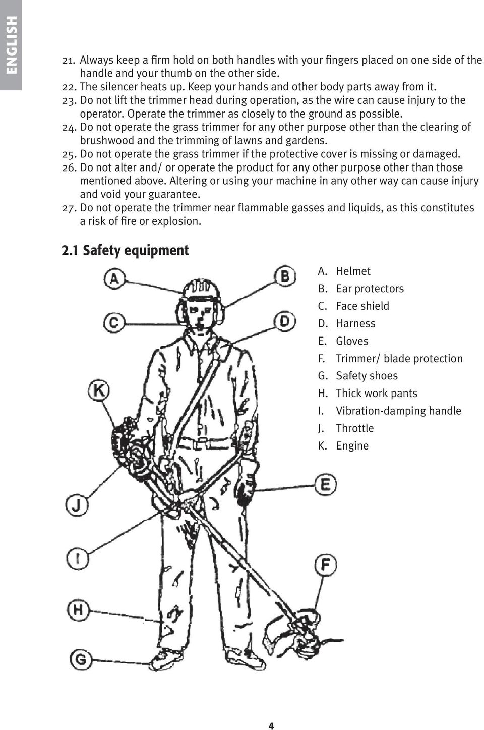Operate the trimmer as closely to the ground as possible. 24. Do not operate the grass trimmer for any other purpose other than the clearing of brushwood and the trimming of lawns and gardens. 25.